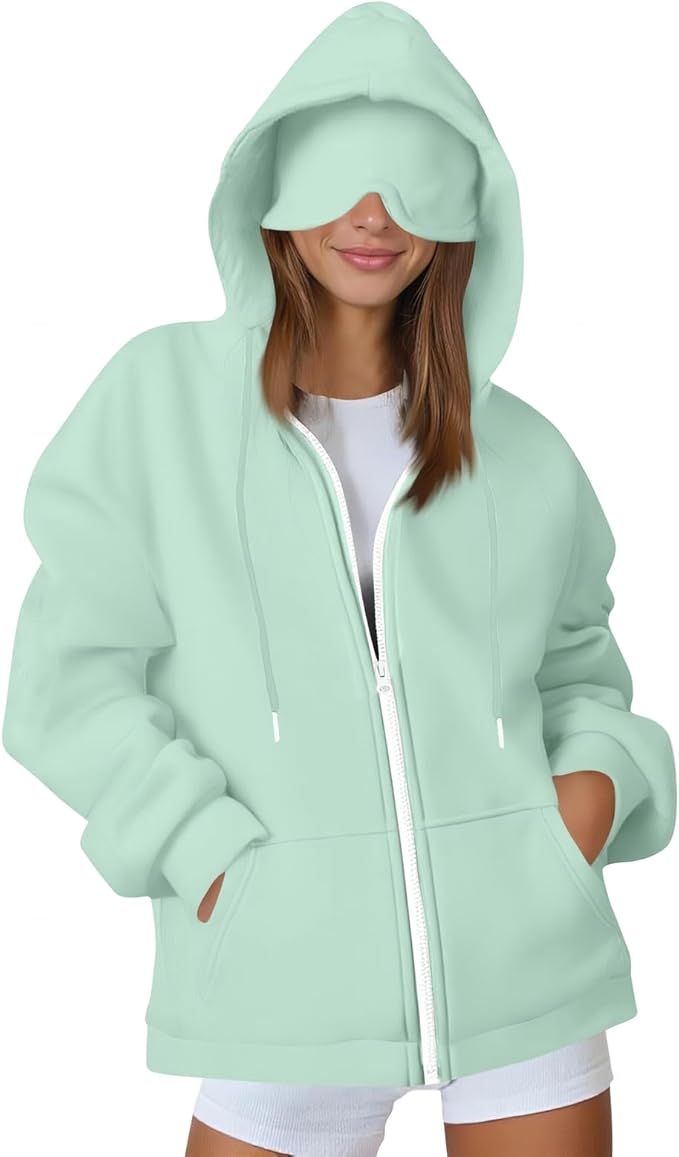 Travel Hoodie for Women Mens with Built In Eye Mask Hidden Pockets Airplane Travel Zip Up Outfits