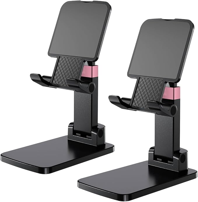 Phone Stand, Cell Phone Holder Adjustable Cellphone Stand for Desk Adjustable Office Accessories Gift Tablet Stands for iPhone iPad Android Devices Under 12", Black,2Pack
