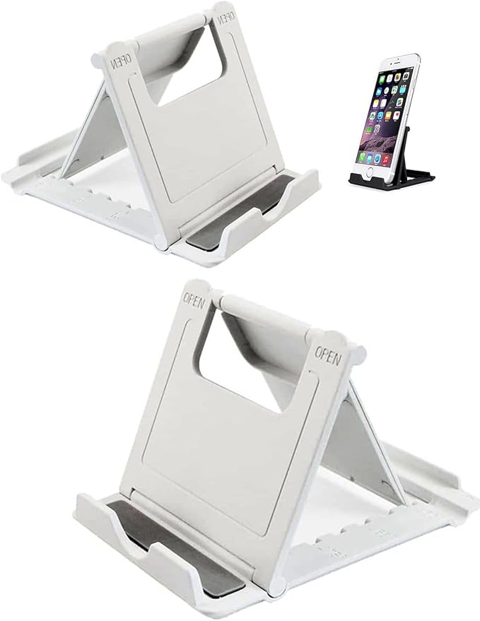 Portable Cell Phone Stand Holder for Desk, 【2 Pack】 Foldable Pocket-Sized Adjustable Mount, Universal Desktop Kickstand Compatible with iPhone, iPad, Kindle & Android Devices - White & White