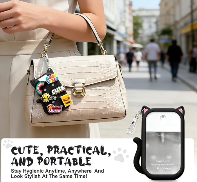 Portable Silicone Case Compatible with Touchland Hand Sanitizer 1 FL OZ / 30ML, Cute Cat-Shaped Case with 8 Charms and Keychain, Hand Sanitizer Spray Accessory, Gift for Women And Teens. (Black cat)