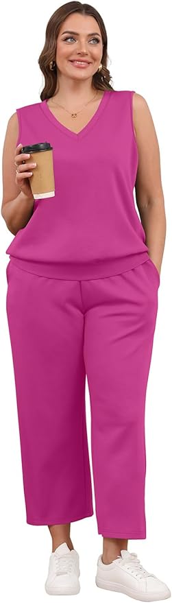 WIHOLL Two Piece Set for Women Summer Outfits Vacation Trendy Lounge Sets V Neck Matching Sets