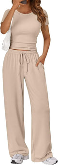 Trendy Queen 2 Piece Matching Summer Lounge Set Womens Side Ruching Top Wide Leg Pants Sets with Pockets