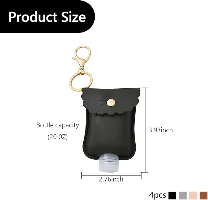 4 Packs Small Hand Sanitizer Holder Mini Hand Sanitizer Holder for Car Keychain Portable Leather Empty Bottles (Black, Pink, Grey, Brown)