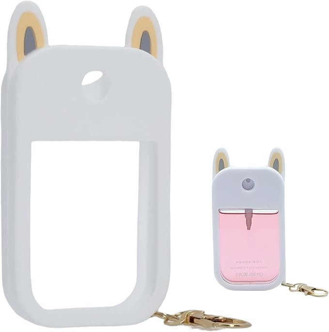 Hand Sanitizer Spray Silicone Case Compatible with Touchland 1 FL. OZ./30 mL, Cute Ears Design Hand Sanitizer Mist Accessory with Keychain (White, 1 Pack)