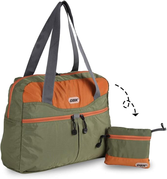GOX Packable Tote Bag – Under Seat Airline Personal Item, Lightweight Foldable Travel Duffel 28L, Nylon Shoulder Bag for Women Men, Carry-on Weekender for Plane Gym (Green&Orange)