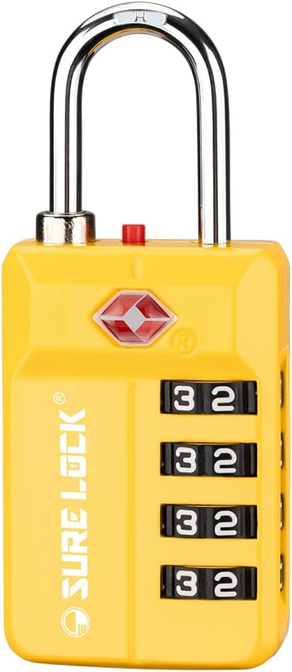 SURE LOCK TSA Approved 4-Digit Resettable Combination Luggage Lock with Open Alert, Easy-Read Dials - for Luggage, School Lockers, Gym, Office, Toolbox & Security Cases(Yellow 1PACK)