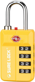 SURE LOCK TSA Approved 4-Digit Resettable Combination Luggage Lock with Open Alert, Easy-Read Dials - for Luggage, School Lockers, Gym, Office, Toolbox & Security Cases(Yellow 1PACK)