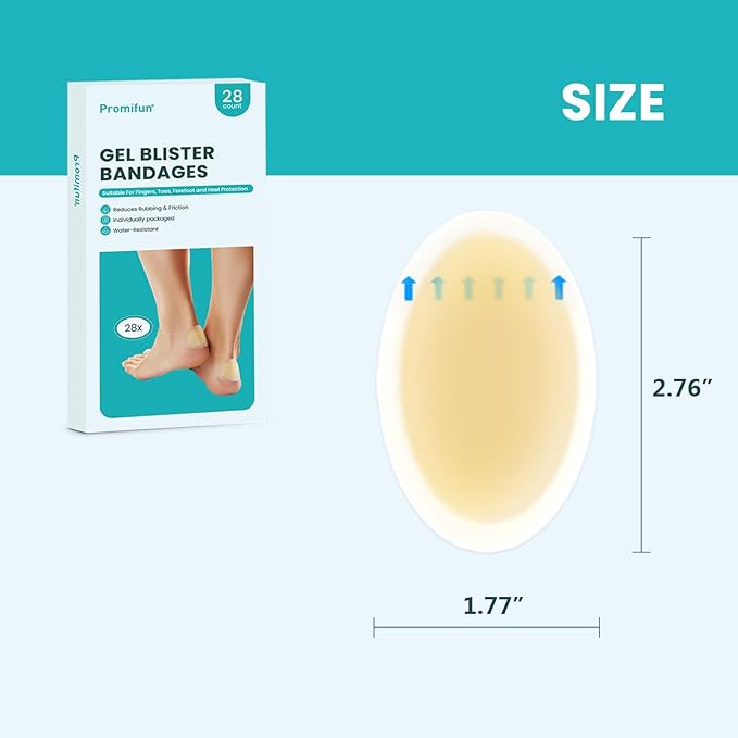 Promifun Blister Bandages Blister Pads - 28 ct Blister Cushions - Water Resistant Hydrocolloid Bandages for Foot, Toe, Heel - Gel Blister Bandages for Prevention & Recovery, Heel Pack