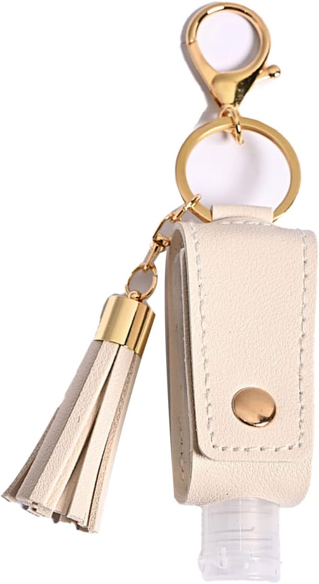 HSYHERE Multifunction Portable Empty Travel Bottle Keychain Hand Sanitizer Bottle Keychain, PU Leather Tassel Key Chains Car Key Ring +Refillable Containers for Toiletry Shampoo Lotion Soap -Khaki