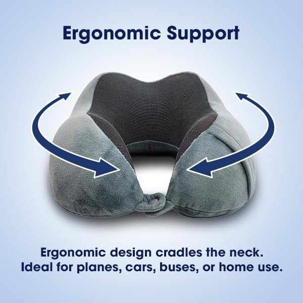 Wolf Essentials 4-Piece Memory Foam Neck Pillow Travel Set – Ergonomic Neck Support Pillow with Eye Mask, Earplugs & Mesh Carrying Case – Comfort for Airplane, Train, or Road Travel