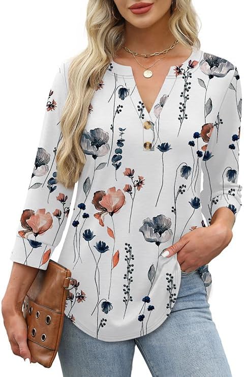 OFEEFAN Womens Tops 3/4 Sleeve Henley Shirts for Women Summer Outfits Fashion Clothing