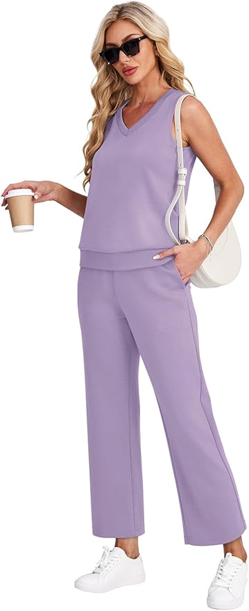 WIHOLL Two Piece Set for Women Summer Outfits Vacation Trendy Lounge Sets V Neck Matching Sets