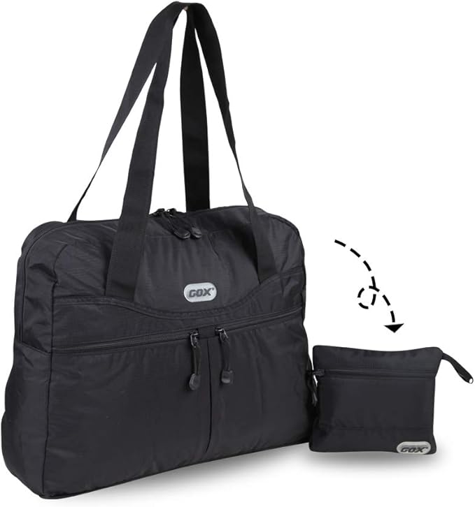 GOX Packable Tote Bag – Under Seat Airline Personal Item, Lightweight Foldable Travel Duffel 28L, Nylon Shoulder Bag for Women Men, Carry-on Weekender for Plane Gym (Black)