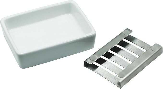 Ceramic Soap Dish, 4.92 Inch Rectangle Soap Holder with Stainless Steel Draining Layer, for Shower,Bathroom,Kitchen Sink Organizer