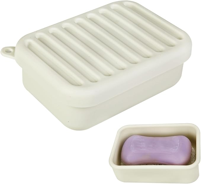 Silicone Leak-Proof Travel Soap Case, Portable Soap Container with Removable Draining Pad, Compact Soap Box for Travel, Gym, Camping, Bathroom(Off White)