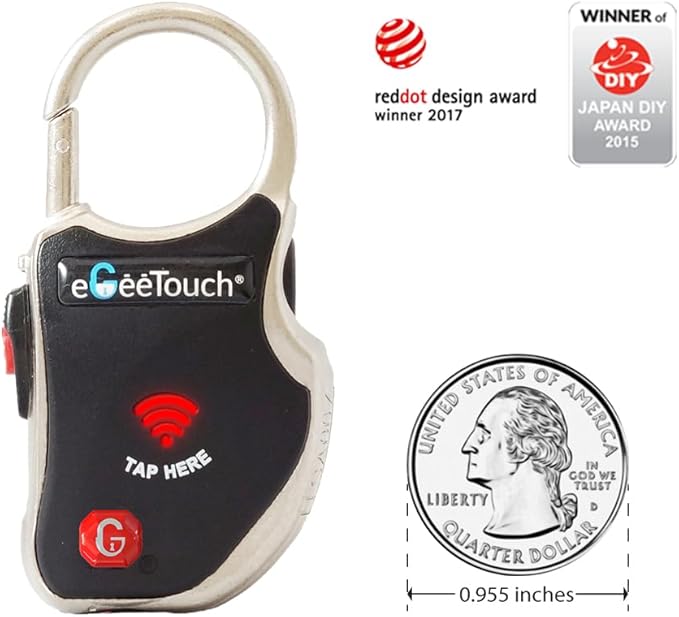 eGeeTouch Smart Travel Padlock with Patented Dual Access Technologies (NFC + BT), Vicinity Tracking, etc. (BLACK)