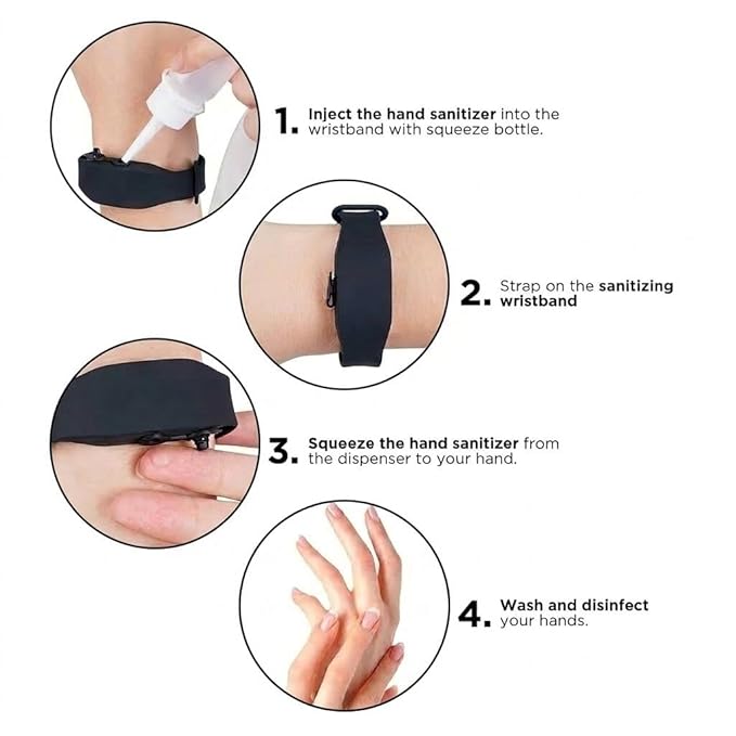 Compressa Sanistrap Silicone Hand Sanitizer Wristband, Refillable Travel Sanitizer Dispenser for Skincare and Hygiene, Lightweight, Leak Proof Wrist Band, Black