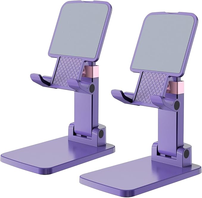 Phone Stand for Desk, Cell Phone Holder Adjustable Cellphone Stand for Desk Height Angle Adjustable Stands, Anti-Slip Base, Compact Design for iPhone Android Devices (Purple, 2Pack)