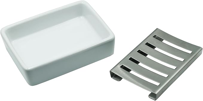 Ceramic Soap Dish, 4.92 Inch Rectangle Soap Holder with Stainless Steel Draining Layer, for Shower,Bathroom,Kitchen Sink Organizer