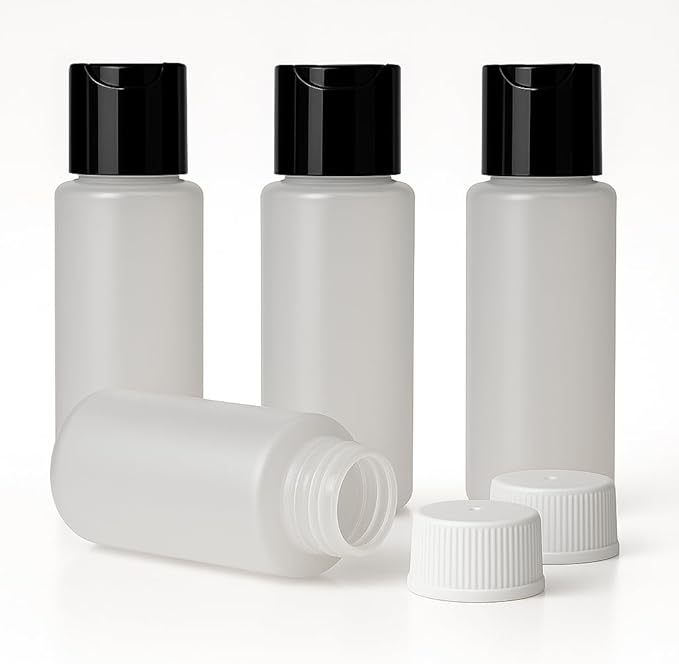 4 Pack 2oz Travel Bottles – TSA Approved HDPE Translucent Squeeze Bottles with Black Disc Tops & 4 Extra Screw Caps, Leak Proof, Durable, BPA Free, FDA Compliant