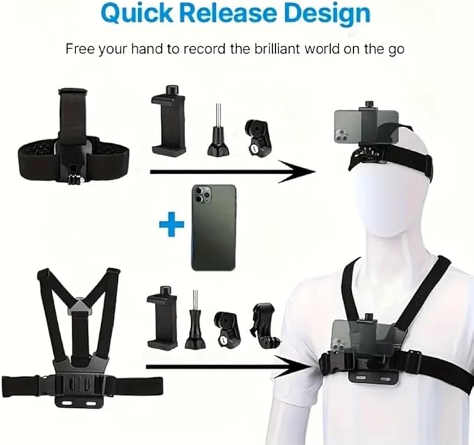 7Pcs Camera Mobile Phone Accessories Kit,Phone Chest Mount Harness for All iPhones,Stable Secure Hands Free for Filming Video Tools,POV/VLOG, Fishing,Biking Body Camera Mount for All GoPro