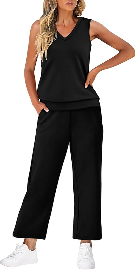 WIHOLL Two Piece Set for Women Summer Outfits Vacation Trendy Lounge Sets V Neck Matching Sets