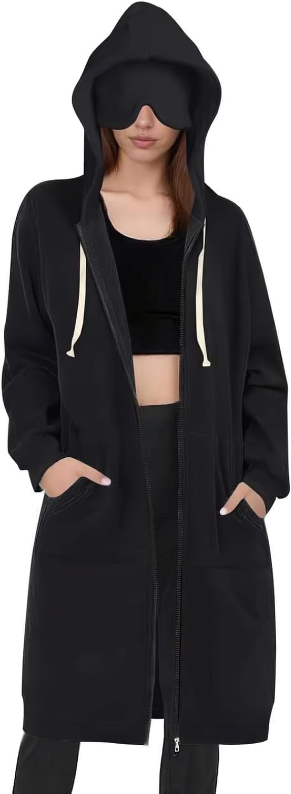 Travel Hoodie for Women Mens with Built In Eye Mask Hidden Pockets Airplane Travel Zip Up Outfits