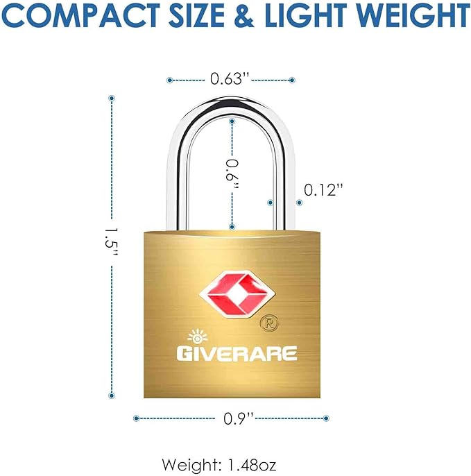 4 Pack TSA Approved Travel Luggage Locks with Keys, Solid Brass Copper Keyed Padlock, Small Locks for Suitcase, Backpack, Gym Locker, Jewelry Box, Gold-by GIVERARE
