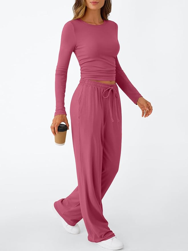 Trendy Queen Women's 2 Piece Matching Lounge Set Long Sleeve Side Ruching Top Wide Leg Drawstring Pants Set with Pockets