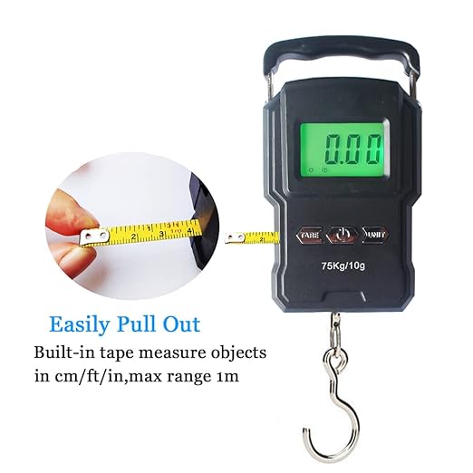 Portable Electronic Hook Scale Digital Hanging Bag Luggage Weight Scale Fishing Scale with Measuring Tape 165Lb Black