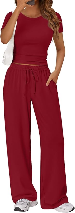Trendy Queen 2 Piece Matching Summer Lounge Set Womens Side Ruching Top Wide Leg Pants Sets with Pockets