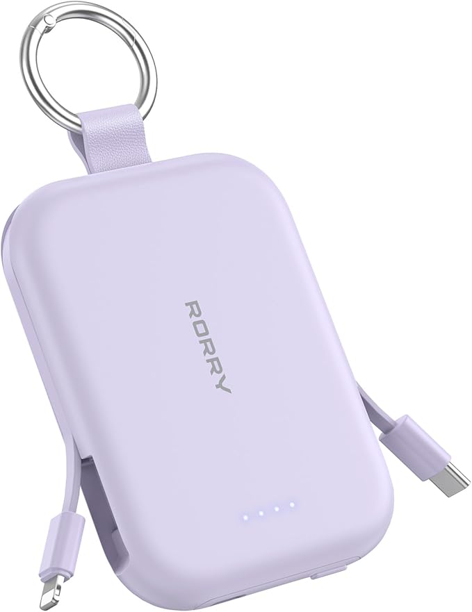 RORRY Portable Charger, 5000mAh Portable Charger Power Bank with Built-in Cables, Travel Keychain Charger Battery Pack for iPhone 17/16/15/14/13/12, for AirPods 2/3/4/Pro, Purple