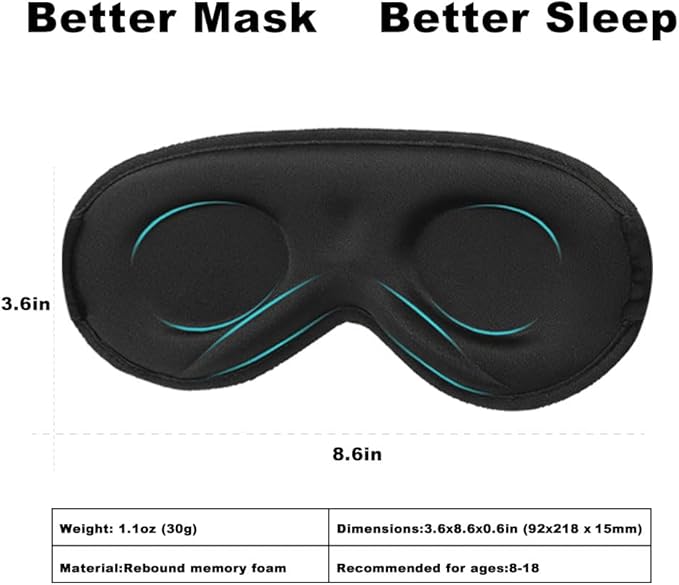 3D Sleep Mask for Kids & Teens (8-18 Years), Zero Pressure & Blackout Eye Cover – Soft Breathable, Adjustable for Travel, Night Use & Deep Sleep Black