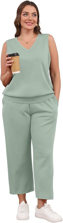 WIHOLL Two Piece Set for Women Summer Outfits Vacation Trendy Lounge Sets V Neck Matching Sets