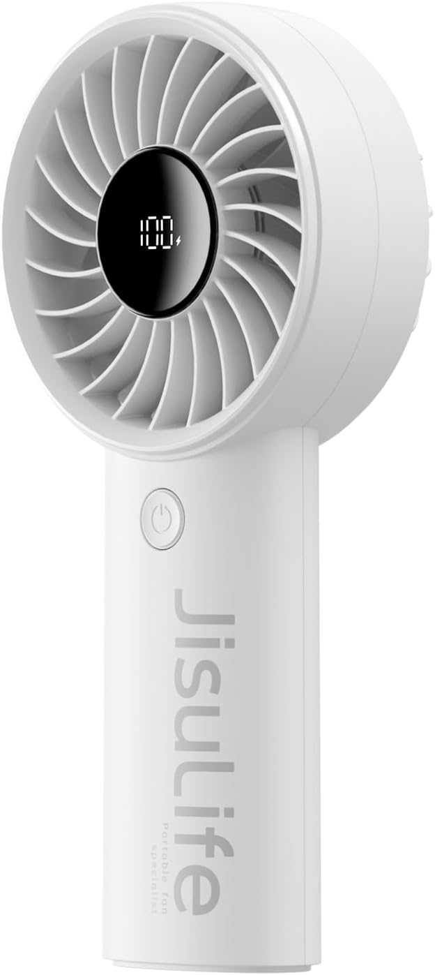 JISULIFE Handheld Portable Fan, Stronger and Longer-Lasting: 5 Speed, 3600mAh Battery, 12-Blade Turbo For Powerful Wider Wind, LED Display, Rechargeable Personal Fan for Travel Concerts Makeup-Grey