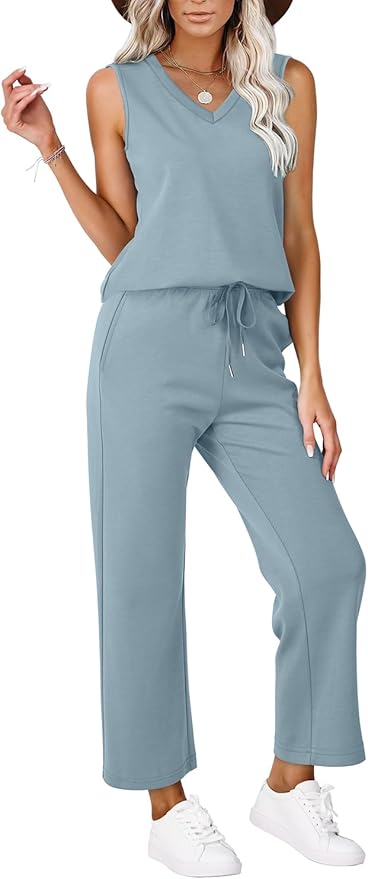 WIHOLL Two Piece Set for Women Summer Outfits Vacation Trendy Lounge Sets V Neck Matching Sets