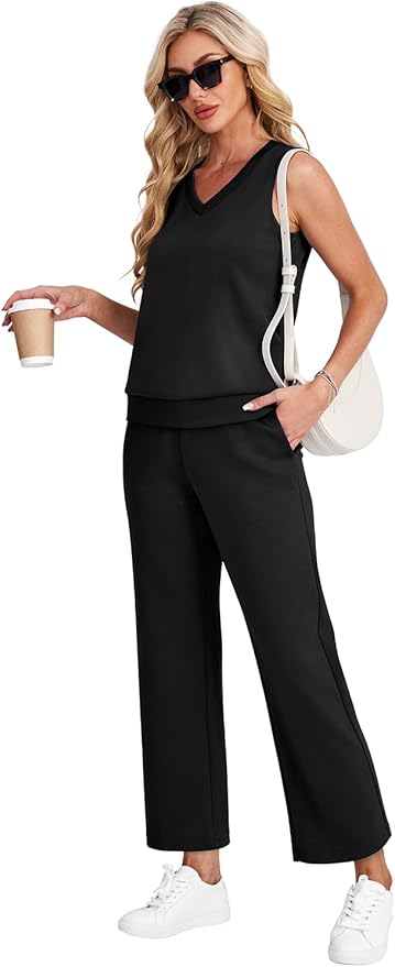 WIHOLL Two Piece Set for Women Summer Outfits Vacation Trendy Lounge Sets V Neck Matching Sets