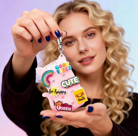 Portable Silicone Case Compatible with Touchland Hand Sanitizer 1 FL OZ / 30ML, Cute Cat-Shaped Case with 8 Charms and Keychain, Hand Sanitizer Spray Accessory, Gift for Women And Teens(Pink cat)