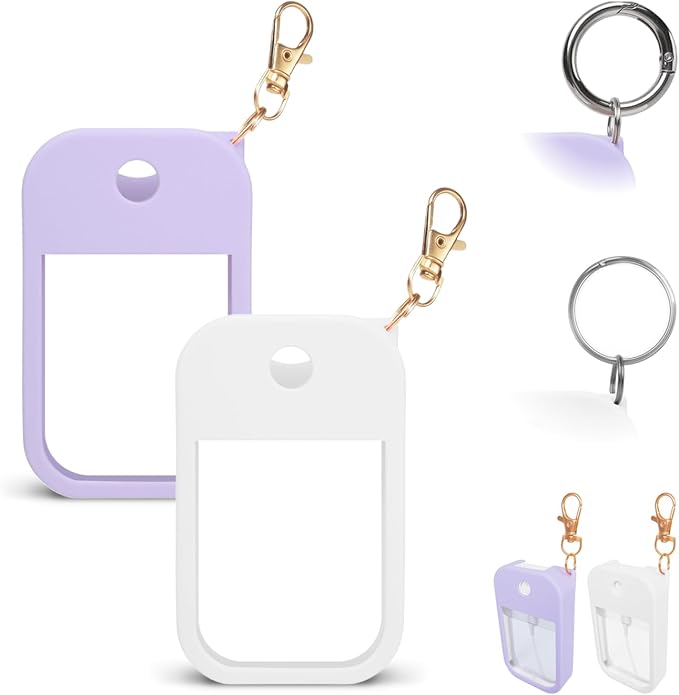 2 PCS Soft Silicone Case for Touchland Power Mist (1FL. OZ./30 mL), Protective and Stylish Case with Keychain Compatible with Touchland Hand Sanitizer Spray (Purple/White)