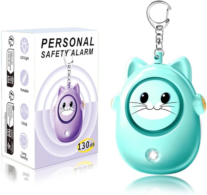 Personal Safety Alarm Keychain, 130dB Loud Siren, LED Light, Cute Cat Design Security Device for Women, Children, Elderly
