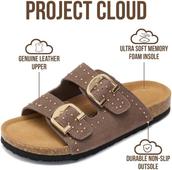 Project Cloud 100% Genuine Leather Flat Sandals For Women 2026 Cork Footbed Womens Sandals with Memory Foam and arch support Vacation Essentials Slides for Women Footwear (Venita)