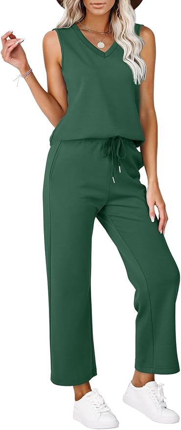 WIHOLL Two Piece Set for Women Summer Outfits Vacation Trendy Lounge Sets V Neck Matching Sets
