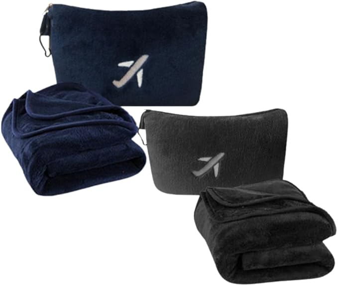 BlueHills Soft Travel Blankets Mini Value Pack Set of 2 - Premium Airplane Travel Essential Flight Blanket Throw in a case with Strap Compact for Car Plane Travel Gift – Black and Navy Blue