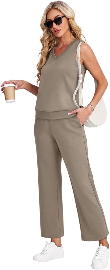 WIHOLL Two Piece Set for Women Summer Outfits Vacation Trendy Lounge Sets V Neck Matching Sets