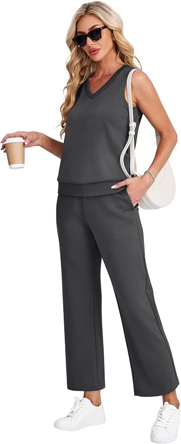 WIHOLL Two Piece Set for Women Summer Outfits Vacation Trendy Lounge Sets V Neck Matching Sets