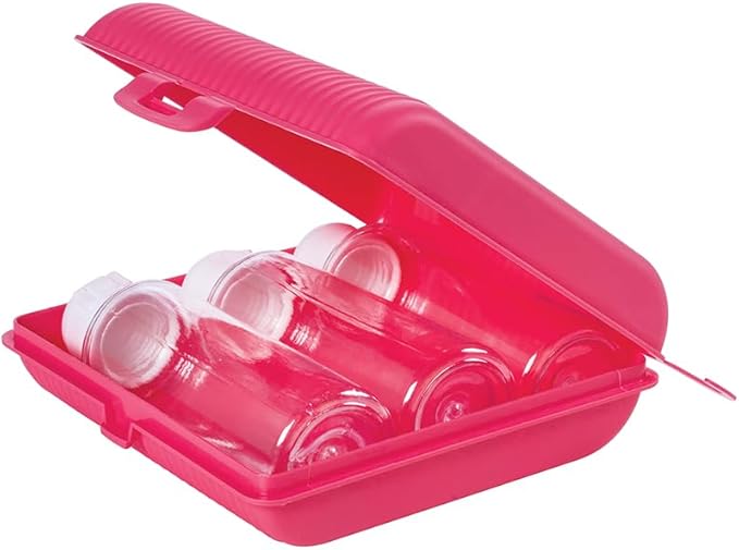 Travel Bottles Kit, Refillable & Leakproof, Toiletries Set with Large Toothbrush Case, Soap Holder and 3 Travel Size Containers 3oz each for Shampoo, Conditioner and Lotion, TSA Approved (Pink)