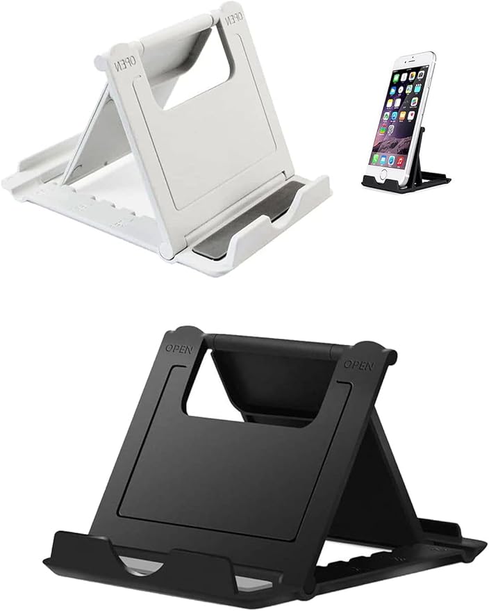 Portable Cell Phone Stand Holder for Desk, 【2 Pack】 Foldable Pocket-Sized Adjustable Mount, Universal Desktop Kickstand Compatible with iPhone, iPad, Kindle & Android Devices - Black & White