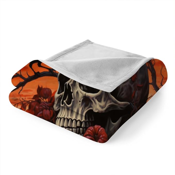 3D Sugar Skull Blanket Twin Size, Skeleton Bones Fleece Blanket for Couch Bed Sofa, Red Flowers Blankets and Throws, Gothic Skull Super Soft Cozy Plush Flannel Blanket 60x80, Decor & Gift