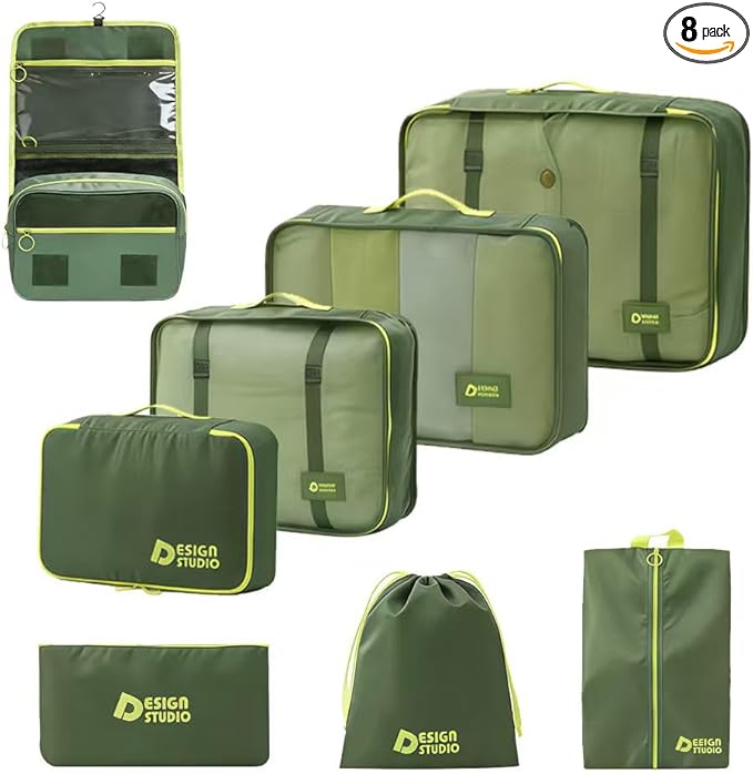 8-Piece Expandable Packing Cubes Set with Hanging Toiletry Bag, Lightweight Compression Travel Organizers for Carry-On Suitcase (Green)
