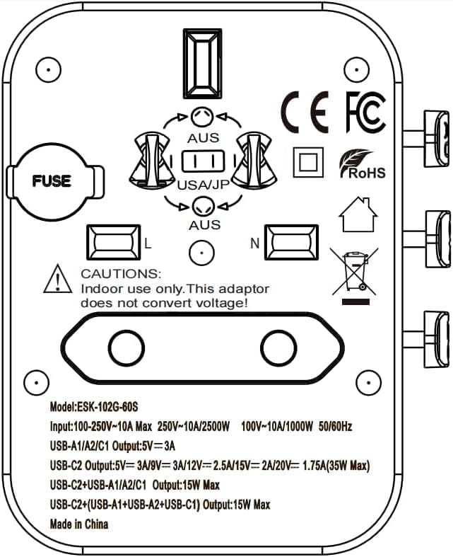 TSIM Universal Travel Adapter 35W 10A | 2 USB-A, 2 USB-C Ports Fast Charging PD 3.2 All in One International Power Adapter Plug USA EU UK AU JP Quick Wall Charger Worldwide Travel Essentials CE RoHS